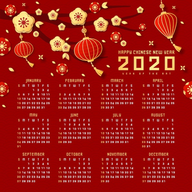 Red And Golden Chinese New Year Calendar With Lamps Free Vector