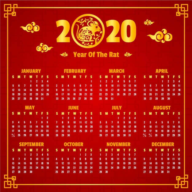 Red & golden chinese new year calendar Free Vector