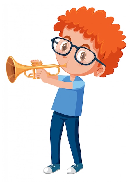 Download Red haired boy playing trumpet | Premium Vector