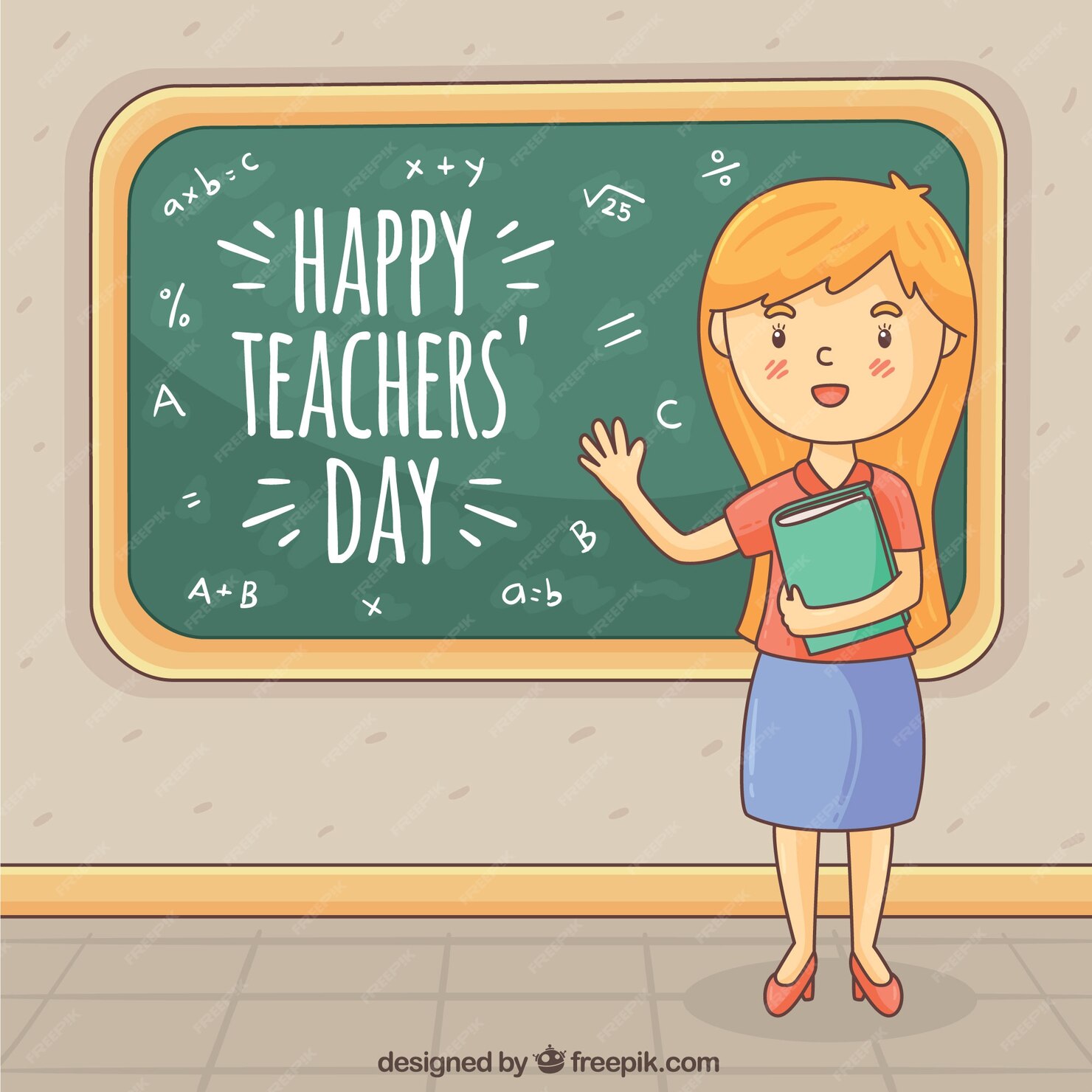 Premium Vector Red Haired Teacher By The Chalkboard
