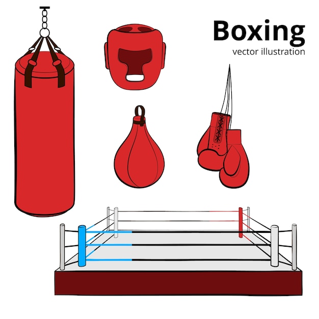 赤い手描きのボクシング装置 ボクシンググローブ ヘルメット パンチングバッグ ボクシングリング パンチングボール 白のイラスト プレミアムベクター