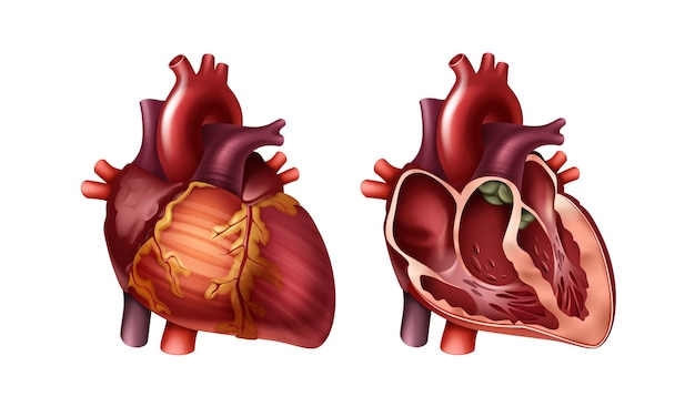 Premium Vector | Red healthy whole and half human heart with arteries ...