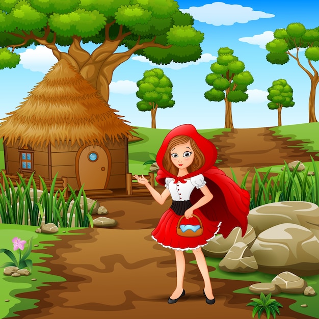 Premium Vector | Red hooded girl are in the village at forest