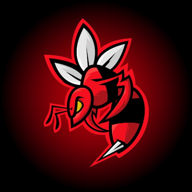 赤いスズメバチマスコットベクトルイラスト 怒っている蜂ロゴデザイン プレミアムベクター