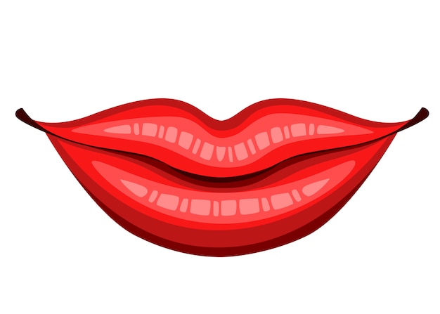 赤い唇にキスします 女性の笑顔の唇 フラットスタイルの口 カードのセクシーなロゴアイコンをキスします 白い背景で隔離の図 プレミアムベクター