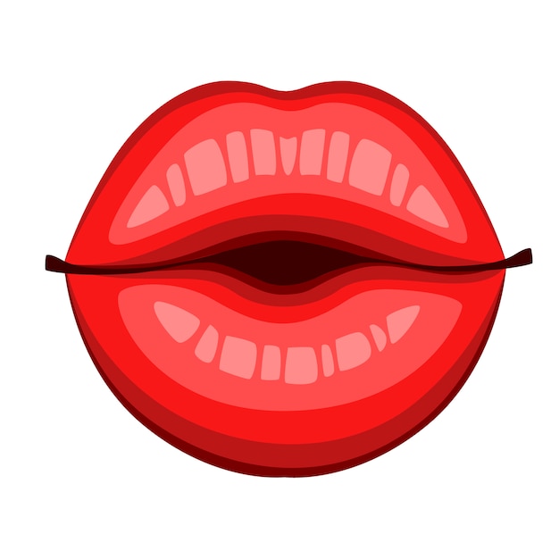 赤い唇にキスします フラットスタイルの口と唇 カードのセクシーなロゴアイコンをキスします 白い背景で隔離の図 プレミアムベクター