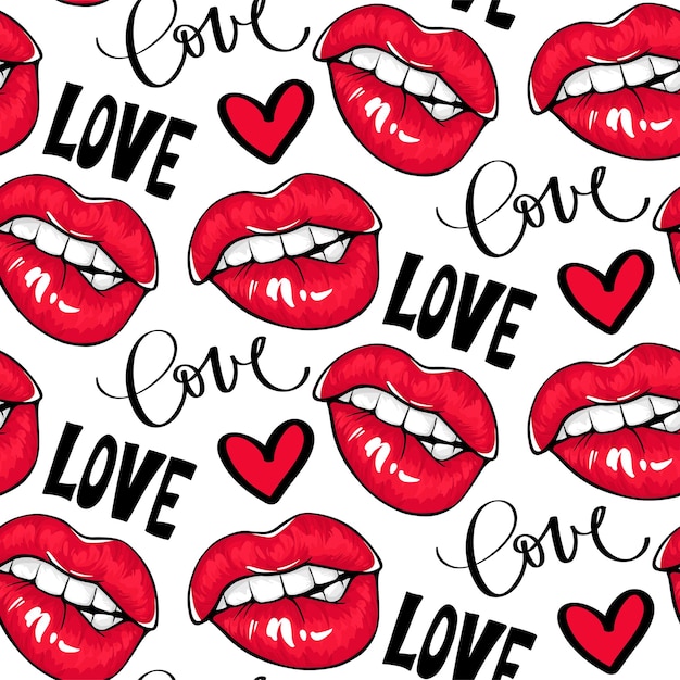 Red lips seamless pattern. female mouth with red lipstick and love lettering. Premium Vector