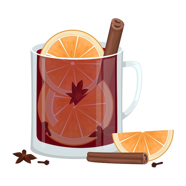 オレンジスライス シナモン クローブ 浴槽のあるカップの赤ホットワイン 冬のアルコール飲料 図 プレミアムベクター