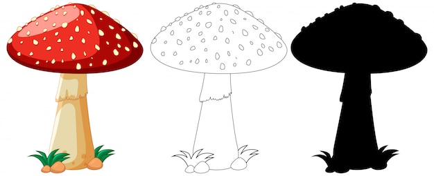 赤いキノコの色と輪郭と白い背景の上の漫画のキャラクターのシルエット 無料のベクター