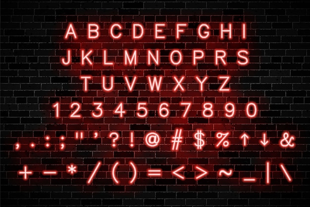 Red neon alphabet with capital letters and numbers Premium Vector