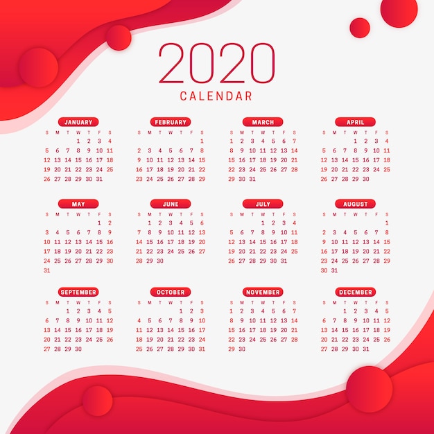 Premium Vector Red New Year 2020 Calendar