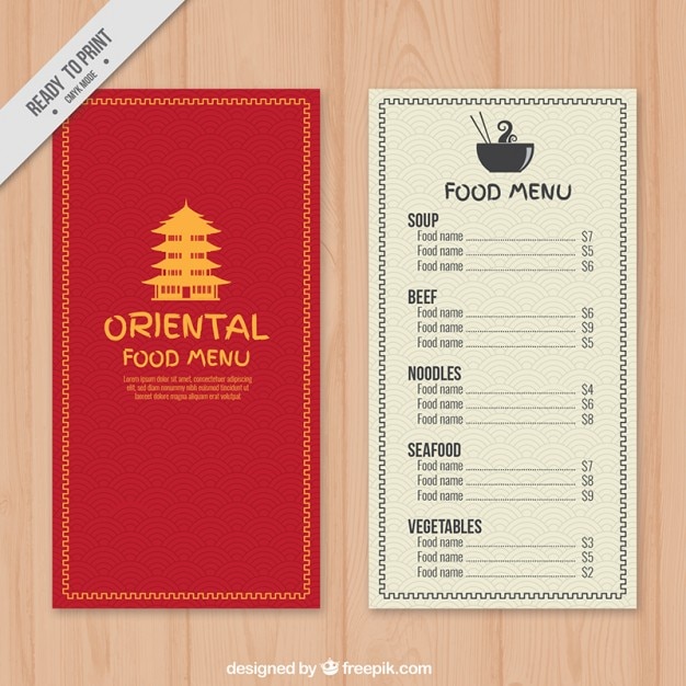 Red oriental menu with a yellow temple\
drawing