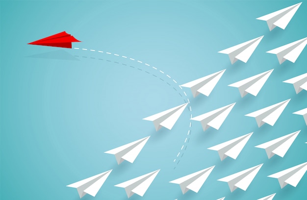 Red paper plane changing direction from white. new idea. Premium Vector