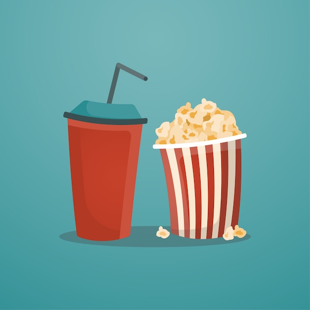 Red paper soda cup and popcorn bucket Premium Vector