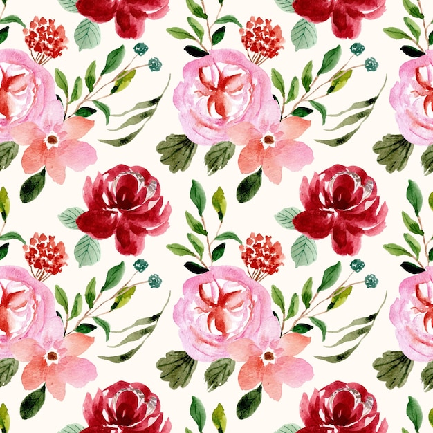 Red pink floral garden watercolor seamless pattern Premium Vector