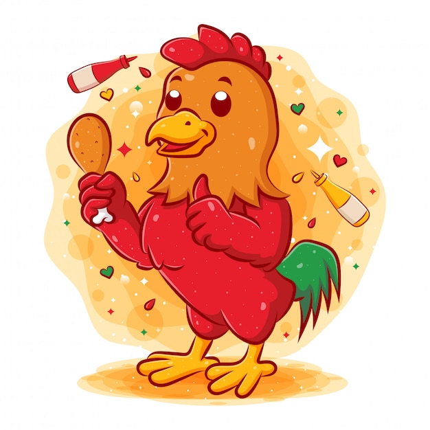 Premium Vector Red Rooster Holding Fried Chicken And Giving Thumbs Up