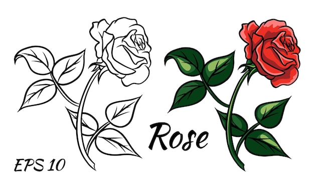 白い背景の上の赤いバラの漫画スタイル 茎に赤いバラ プレミアムベクター