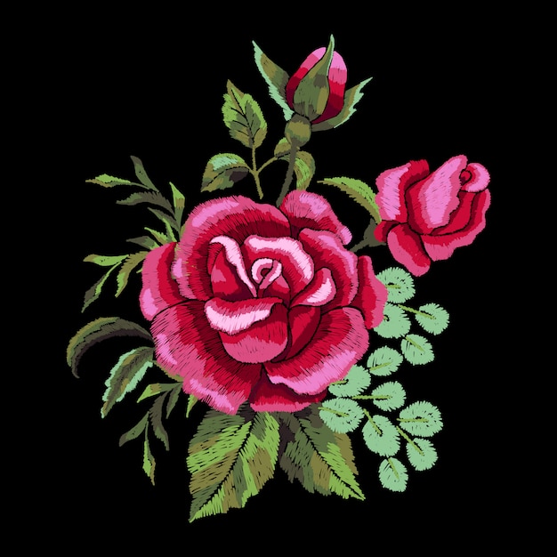 Premium Vector | Red rose embroidery