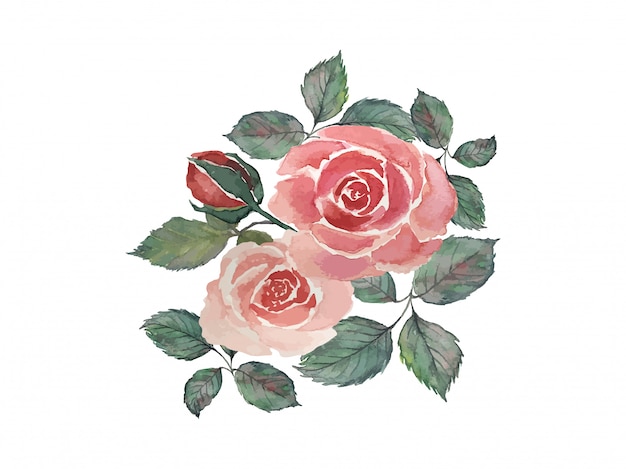 水彩イラストを描く緑の葉と赤いバラのブーケ プレミアムベクター