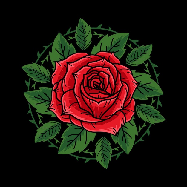 緑の葉のイラストで手描きの赤いバラ プレミアムベクター