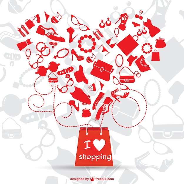 Red shopping bag and big heart made of fashion complements Free Vector