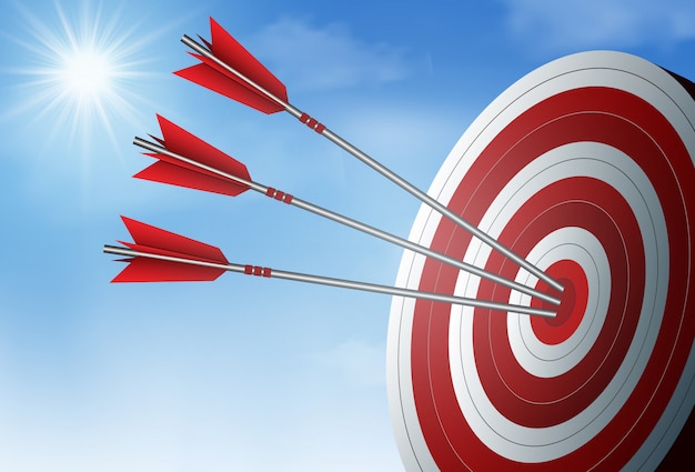 Premium Vector Red Three Arrows Darts In Target Circle Business Success Goal On Background Sky And Sun Creative Idea Vector Illustration