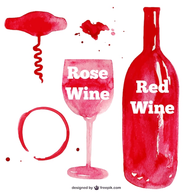 Red watercolor wine glass and bottle