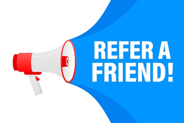 Premium Vector | Refer a friend megaphone yellow banner in 3d style on ...