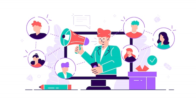 紹介の概念 インフルエンサー広告のための消費者向けオーディエンスコミュニケーションサービスのマーケティング 製品プロモーション担当者 新規顧客の口コミ エンゲージメント方式 平らな小さなイラスト プレミアムベクター