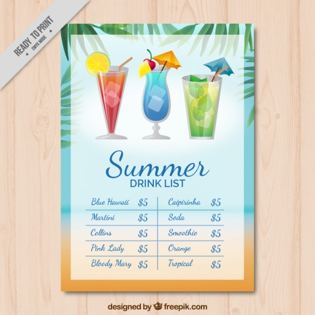 Refreshing drink list with palm leaves