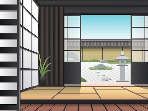 Relaxing Japanese Style Living Room Premium Vector