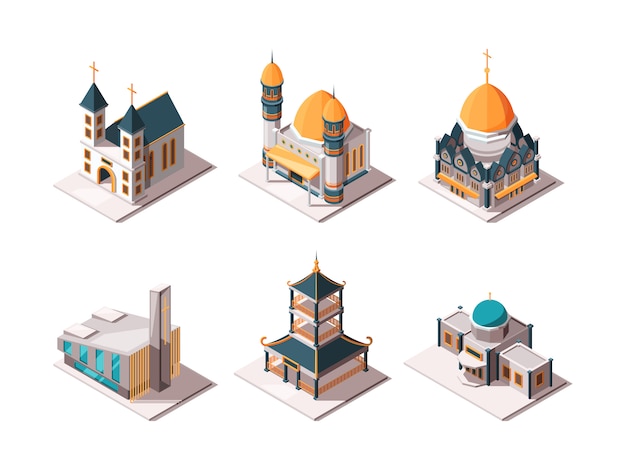 宗教の建物 イスラムモスクアラビア建築オブジェクトルーテルカトリックキリスト教宗教ランドマーク等尺性 プレミアムベクター