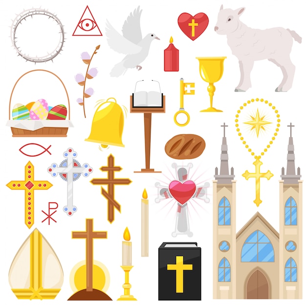 キリスト教の十字または白い背景の上のろうそくの聖書の宗教カトリック教会または大聖堂とキリスト教イラストセットの宗教的な歌のセット プレミアムベクター