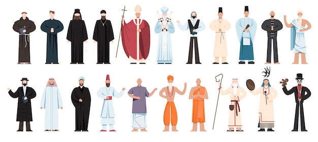 宗教的な人々は特別な制服を着ています 男性の宗教図コレクション 僧侶 キリスト教の司祭 ラビのユダヤ教徒 イスラム教徒のムラー プレミアムベクター