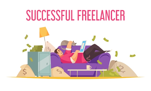 Remote work flat funny composition with successful freelancer on sofa with laptop bathing in money Free Vector