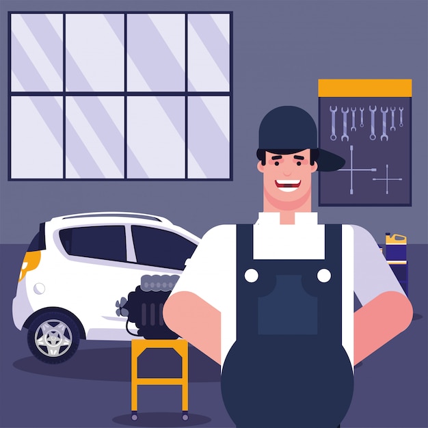 Repairman And Car With Overol In Garage Vector Premium Download