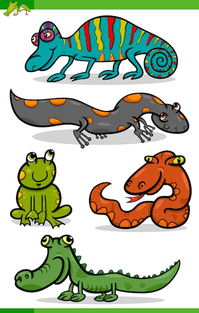 Premium Vector | Reptiles And Amphibians Cartoon Set