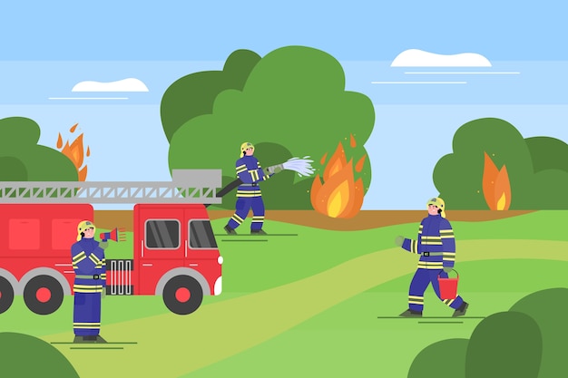 森 フラットの漫画イラストの消防署の救助活動 消防車 消防設備 消防士の制服を着た山火事バナーの消火 プレミアムベクター