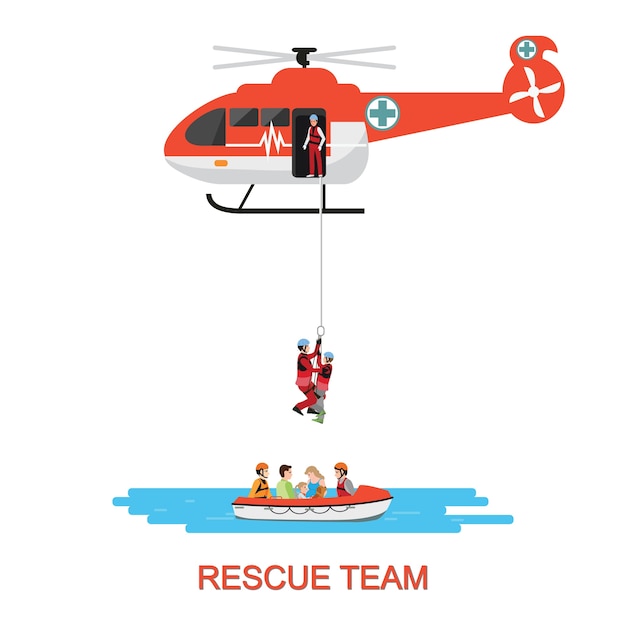 Rescue Team With Rescue Helicopter And Boat Rescue Vector Premium