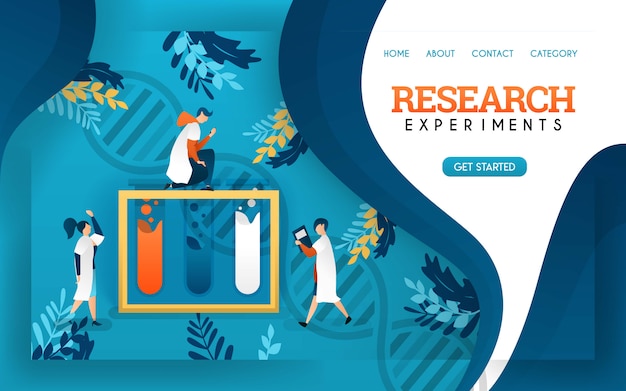 Research experiment. health banner. young scientists examined fluids in tubes. Premium Vector