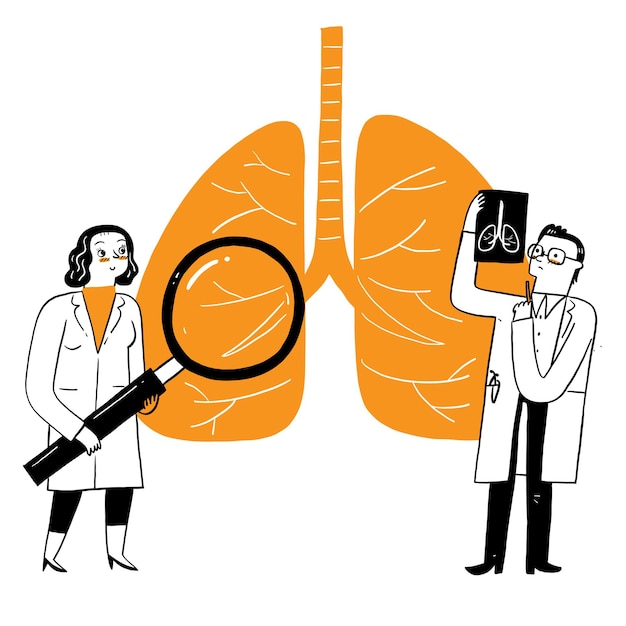 呼吸器内科呼吸器ヘルスケアの概念 医師は虫眼鏡で人間の結核や肺炎の肺をチェックし X線を撮影します 医療肺ケア ベクトルイラスト 無料のベクター