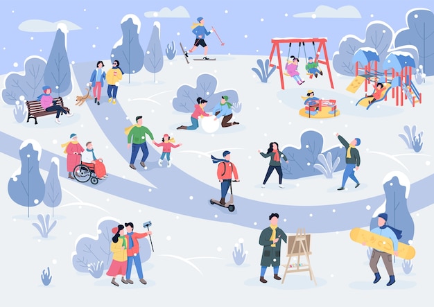 Download Premium Vector | Rest in winter park flat color . children playing with snow. enjoyment. outdoor ...