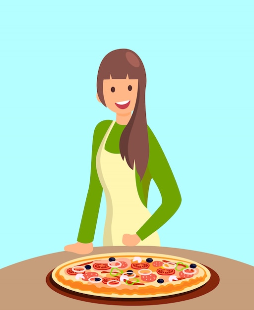 Premium Vector | Restaurant female chef offering pizza illustration