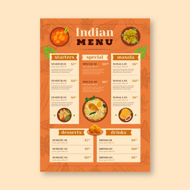 Free Vector Restaurant Menu Template With Traditional Indian Food