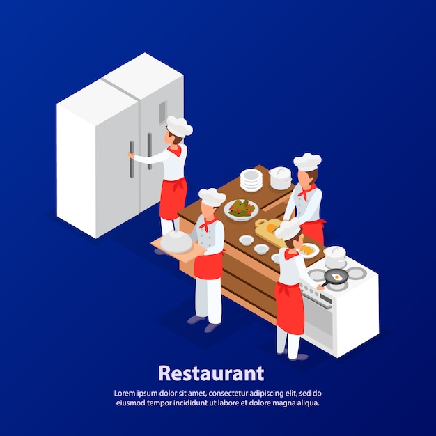 Download Restaurant staff cooking in kitchen. isometric 3d vector illustration | Free Vector