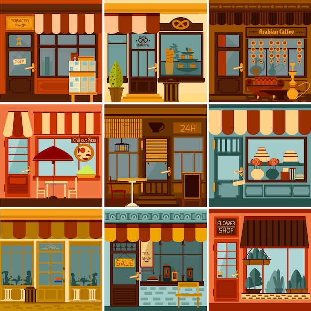 Restaurants shops caffees and market stores\
facades set
