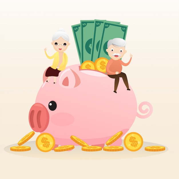 退職の概念老人と黄金の貯金を持つ女性 ピンクの貯金箱を持っている 将来のためのお金の節約ベクトル イラスト プレミアムベクター