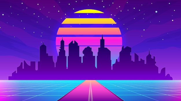 Premium Vector | Retro 80s futuristic city landscape with sunset, grid ...