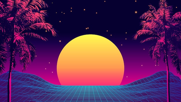 Premium Vector | Retro 80s style tropical sunset with palm tree ...
