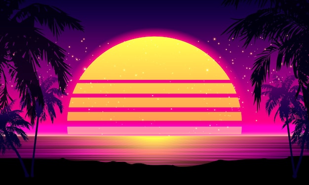 Download Premium Vector Retro 80s Style Tropical Sunset With Palm Tree Silhouette And Gradient Sky Background Classic 80s Retro Design Digital Landscape Cyber Surface